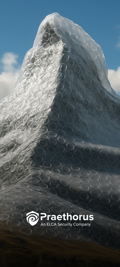 Mountain peak wrapped in bubble wrap, symbolizing protection, with Praethorus logo below.