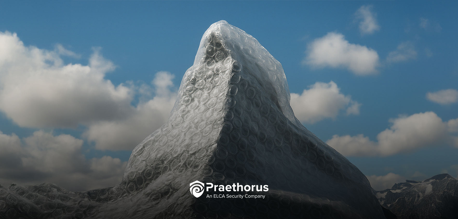 Mountain peak covered in bubble wrap, set against a blue sky with clouds, with the Praethorus logo at the bottom.